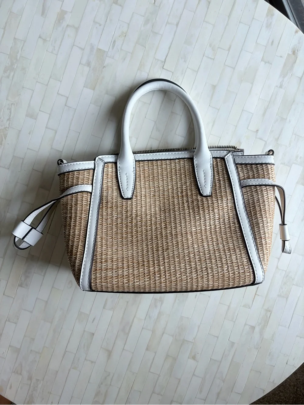 Nine West Beige Woven Satchel with White Trim